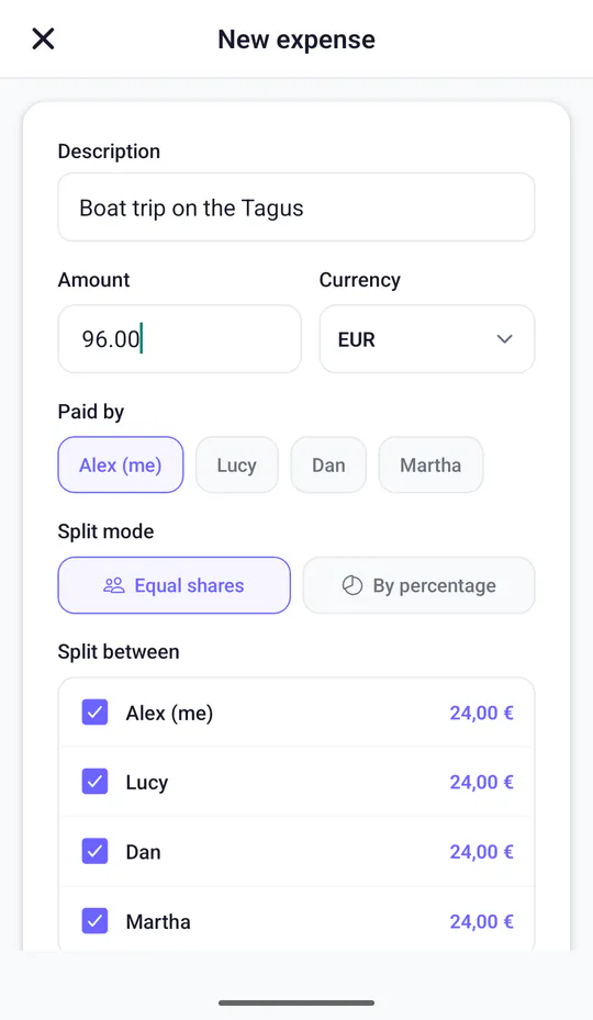 New expense form: a boat trip on the Tagus for 96 €, paid by Alex and split equally between four people.