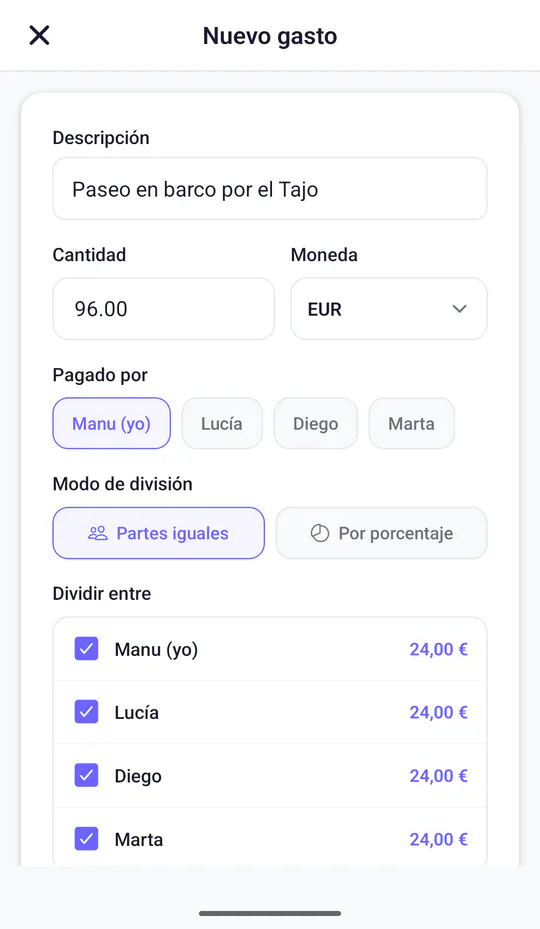 Formulario de nuevo gasto: paseo en barco por el Tajo de 96 €, pagado por Manu y repartido a partes iguales entre cuatro personas.