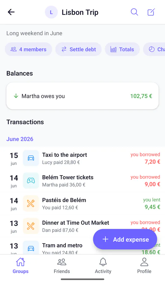 The Lisbon Trip group in Split & Done: Martha owes you 102,75 €, above shared expenses like a taxi to the airport and dinner at Time Out Market.