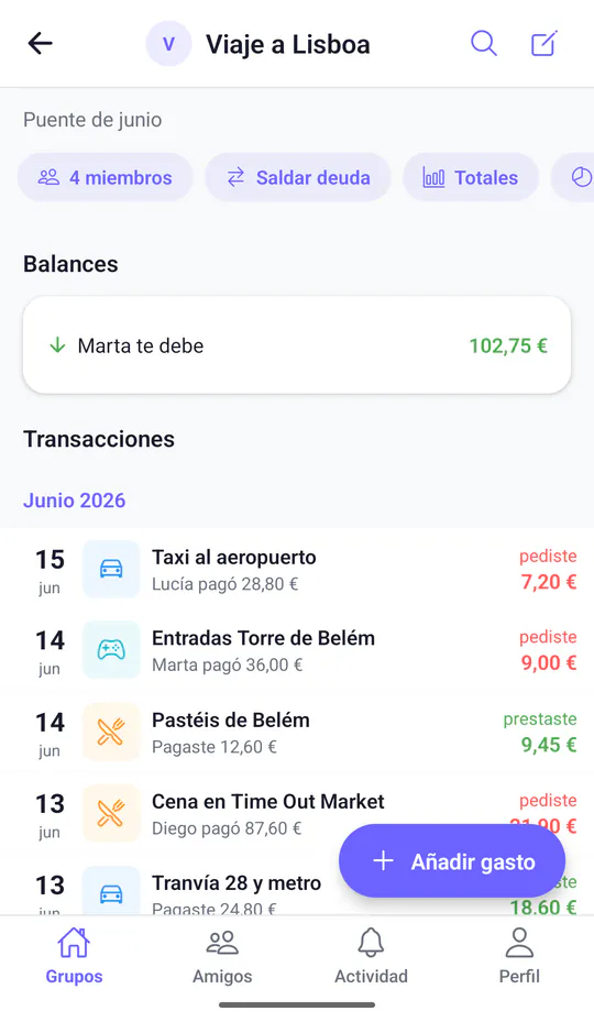 El grupo Viaje a Lisboa en Split & Done: Marta te debe 102,75 €, y debajo los gastos compartidos, como el taxi al aeropuerto o la cena en Time Out Market.