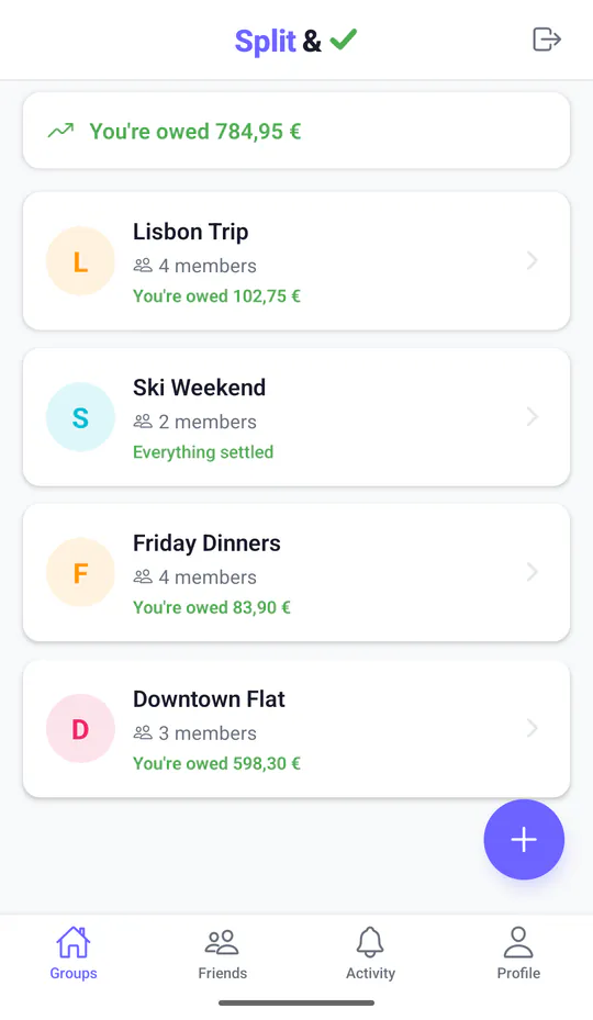 Your groups in Split & Done: you're owed 784,95 € in total, and the Ski Weekend group shows everything settled.