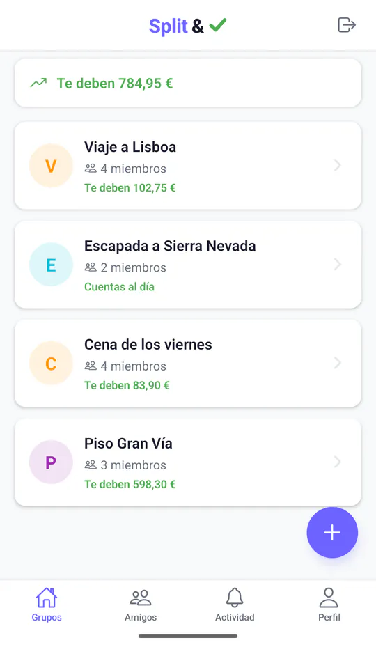 Tus grupos en Split & Done: te deben 784,95 € en total y el grupo Escapada a Sierra Nevada tiene las cuentas al día.
